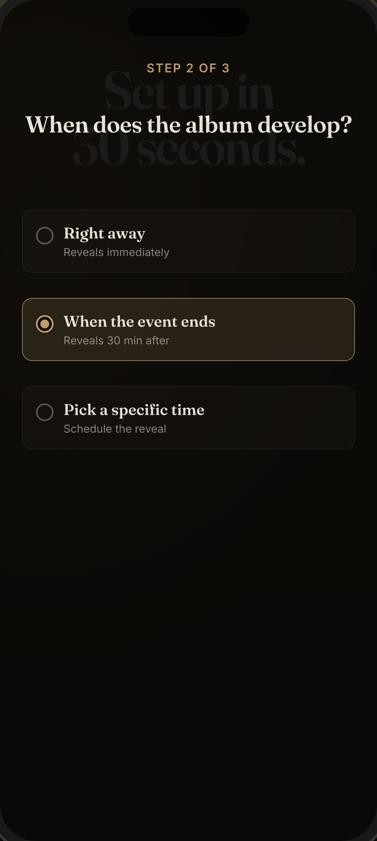 Filmly create-event wizard — name, cover, shot count and reveal mode