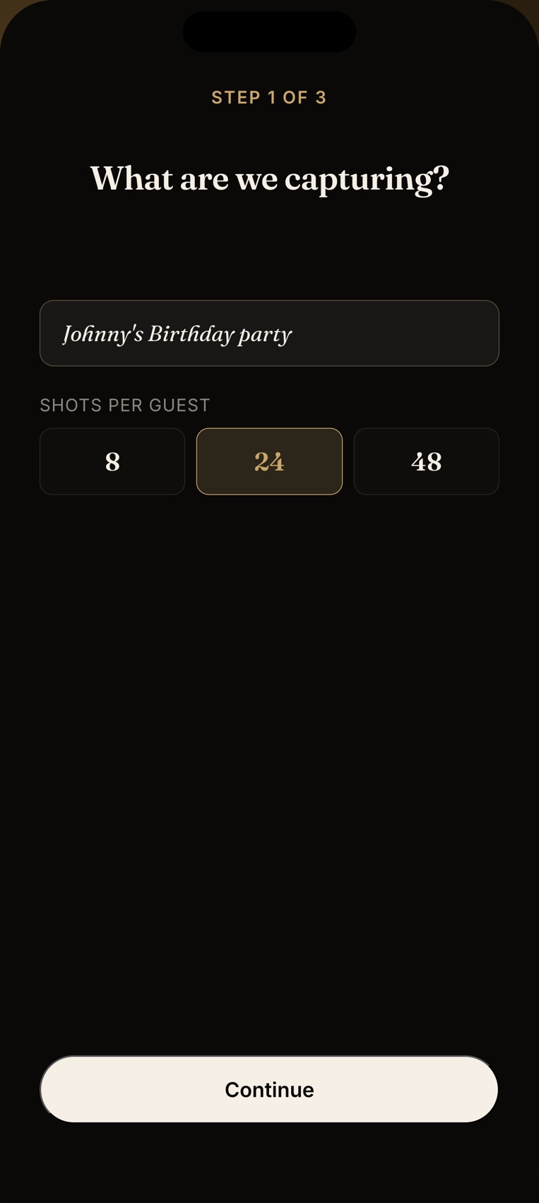 Filmly create-event wizard — name, cover, shot count and reveal mode