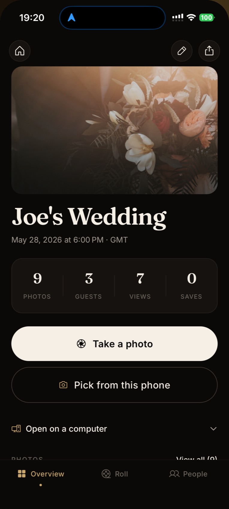Filmly host dashboard showing photo, guest and view counts for a wedding